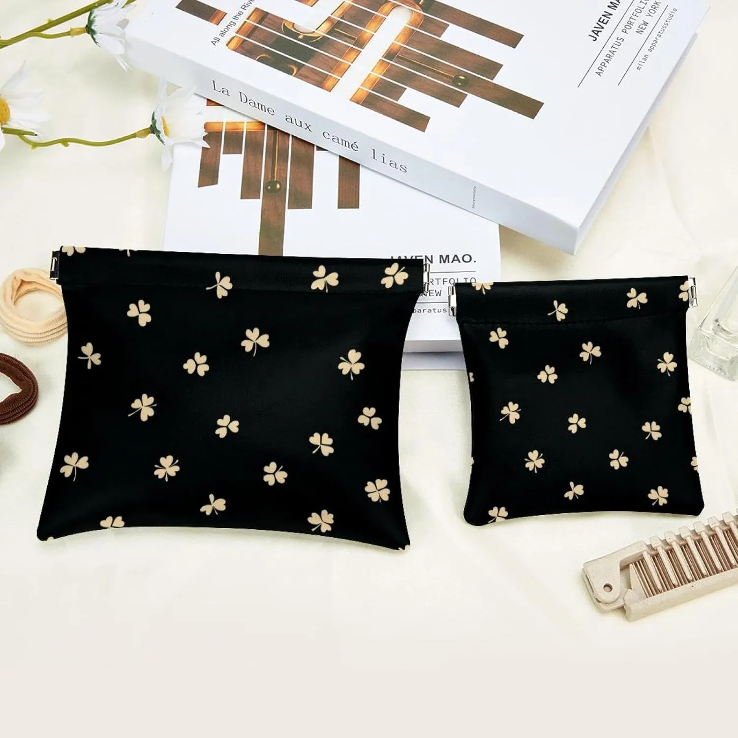 Pocket Cosmetic Bag Squeeze Top, St Patrick Day Nature Plants Four Leaf Clovers Waterproof Travel Makeup Bag for Purse, Portable Mini Makeup Pouch No Zipper for Women