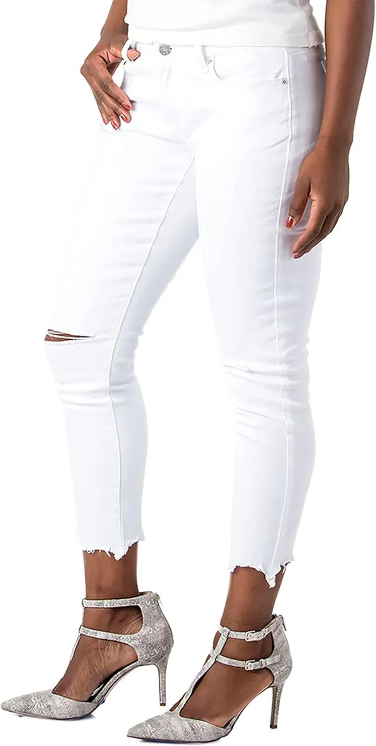 Poetic Justice Women's Curvy Fit 5-Pocket Frayed Ruffle Flare Cropped Ankle Jeans