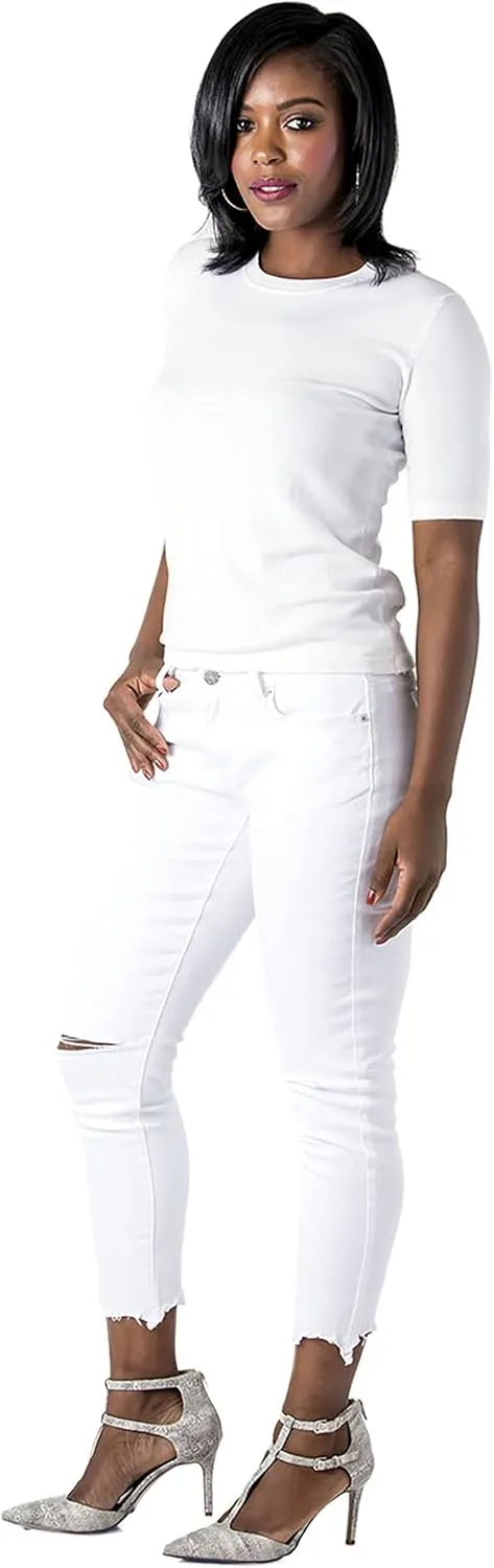 Poetic Justice Women's Curvy Fit 5-Pocket Frayed Ruffle Flare Cropped Ankle Jeans