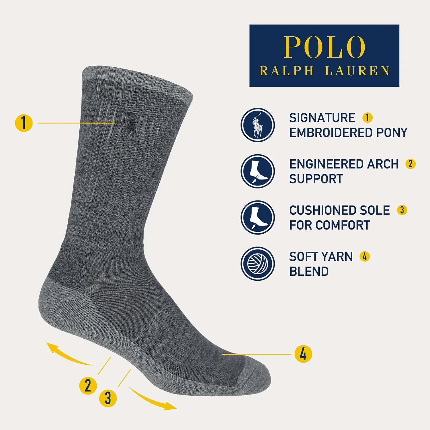 POLO RALPH LAUREN Tri-color Heather Casual Crew Socks - 3 Pair Pack - Arch Support and Comfort Cushioning