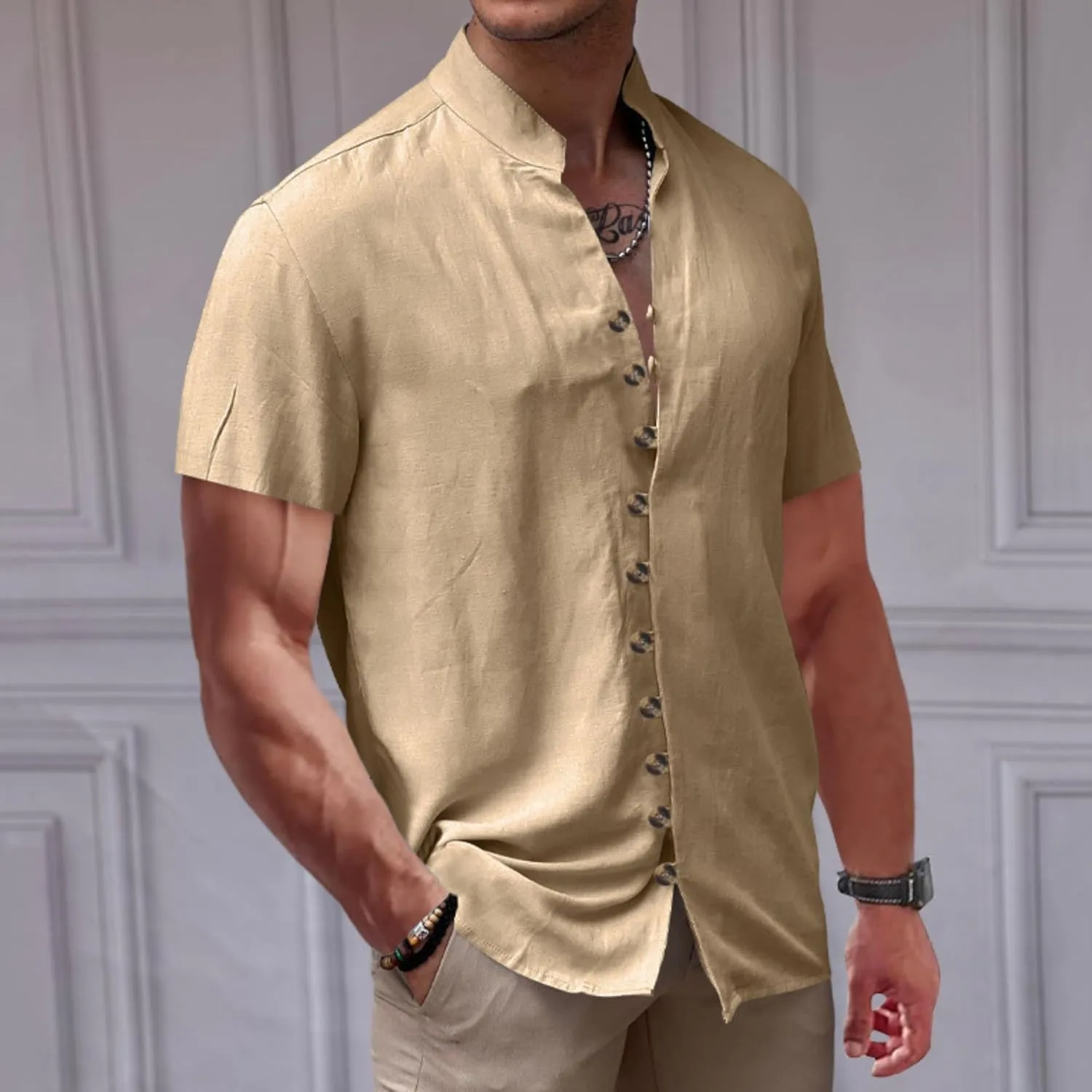 PORCLAY Men's Linen Shirt Short Sleeve Button Down Collar T Shirt Tops Casual Solid Color Summer Vacation Beach Blouses