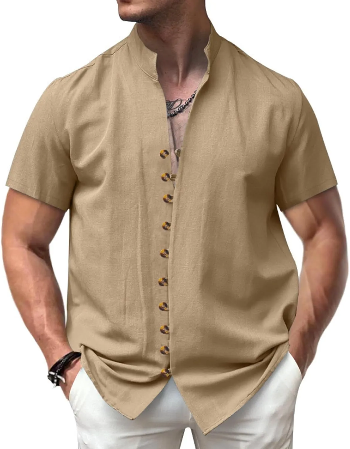 PORCLAY Men's Linen Shirt Short Sleeve Button Down Collar T Shirt Tops Casual Solid Color Summer Vacation Beach Blouses