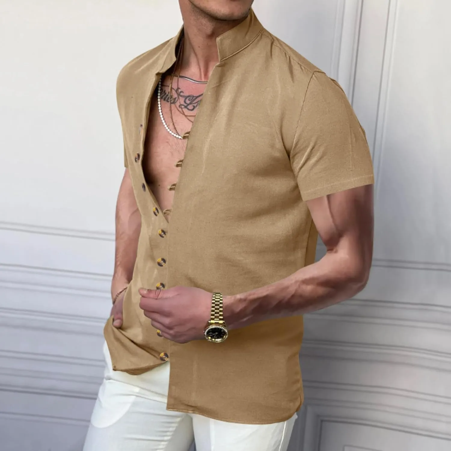 PORCLAY Men's Linen Shirt Short Sleeve Button Down Collar T Shirt Tops Casual Solid Color Summer Vacation Beach Blouses