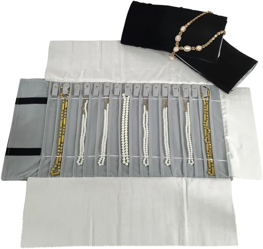 Portable Jewelry Roll Untangled Secure Necklace Travel Storage Bag Displays Holder 16 Chain (Black and Gray)