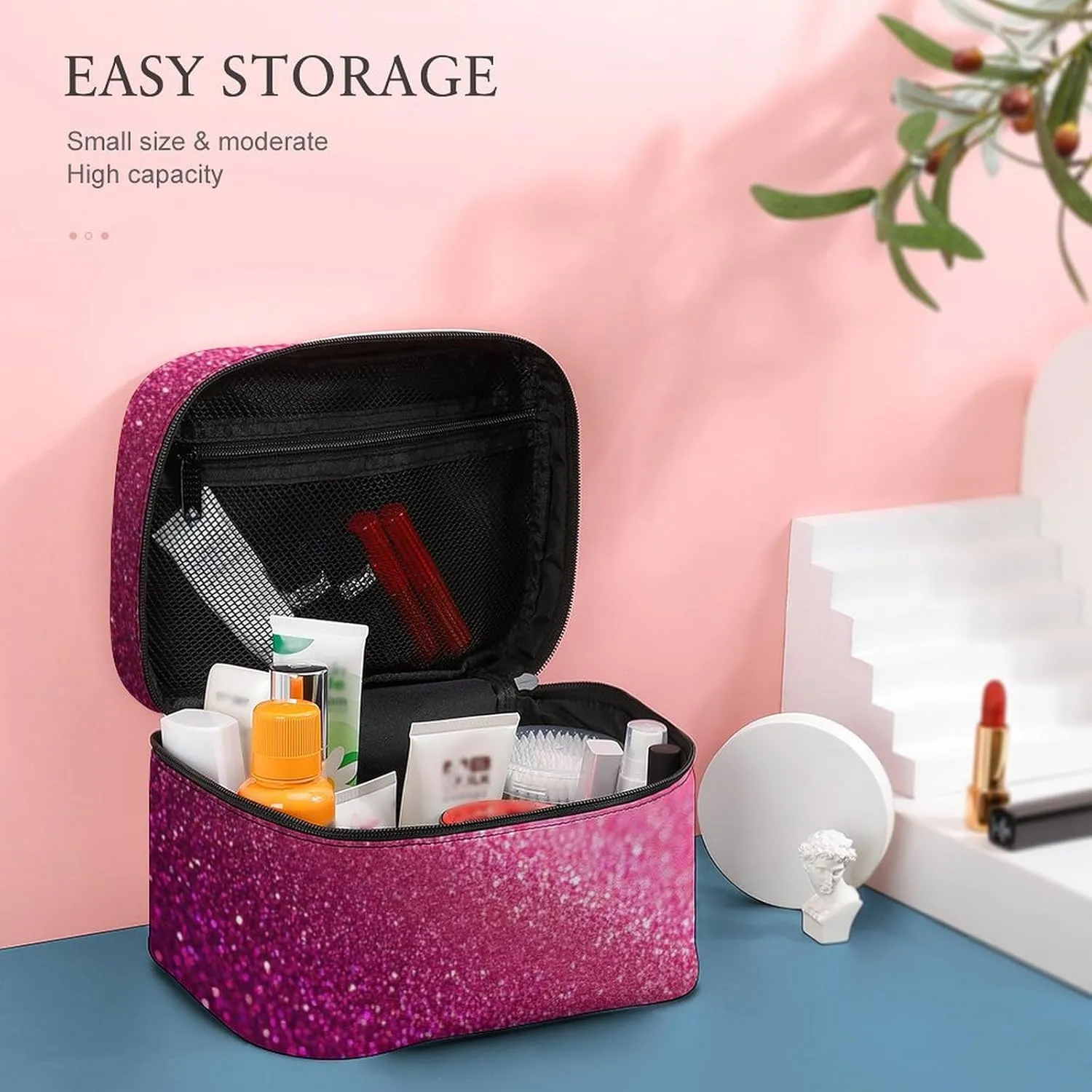Portable Makeup Bag with Zipper Pouch, Pink Glitter Pattern Cosmetic Case Large Capacity Travel Makeup Case Organizer Toiletry Brushes Storage Bag