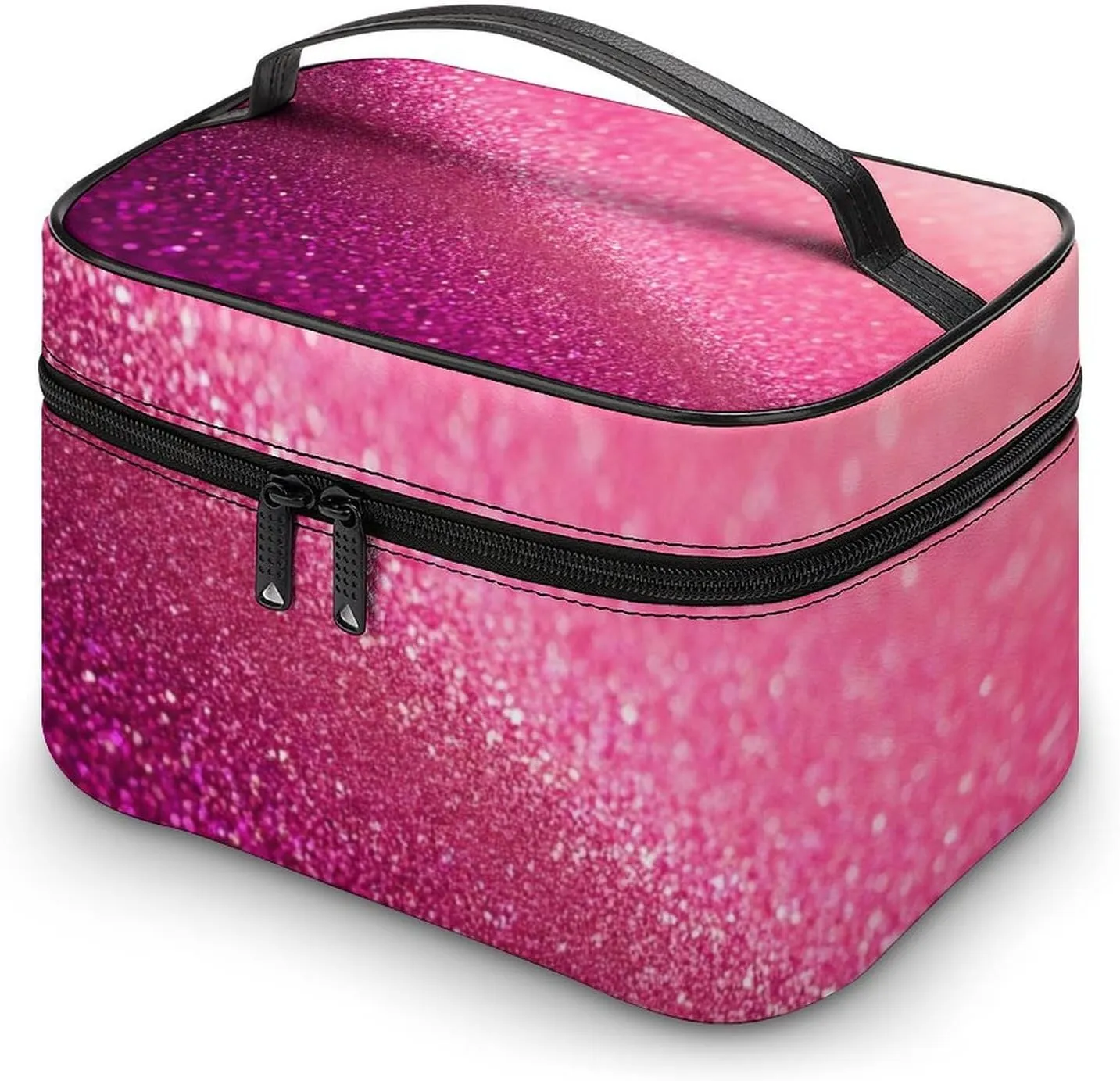 Portable Makeup Bag with Zipper Pouch, Pink Glitter Pattern Cosmetic Case Large Capacity Travel Makeup Case Organizer Toiletry Brushes Storage Bag