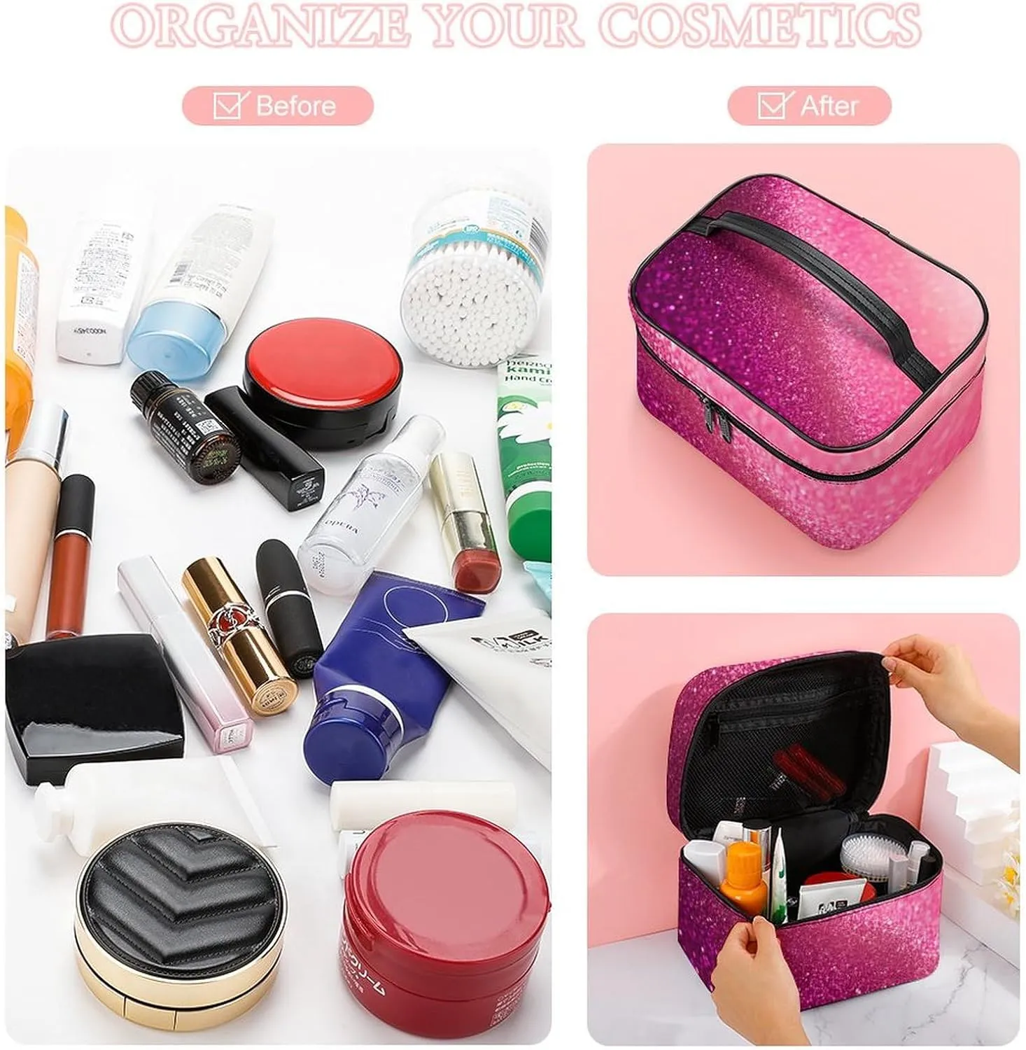 Portable Makeup Bag with Zipper Pouch, Pink Glitter Pattern Cosmetic Case Large Capacity Travel Makeup Case Organizer Toiletry Brushes Storage Bag
