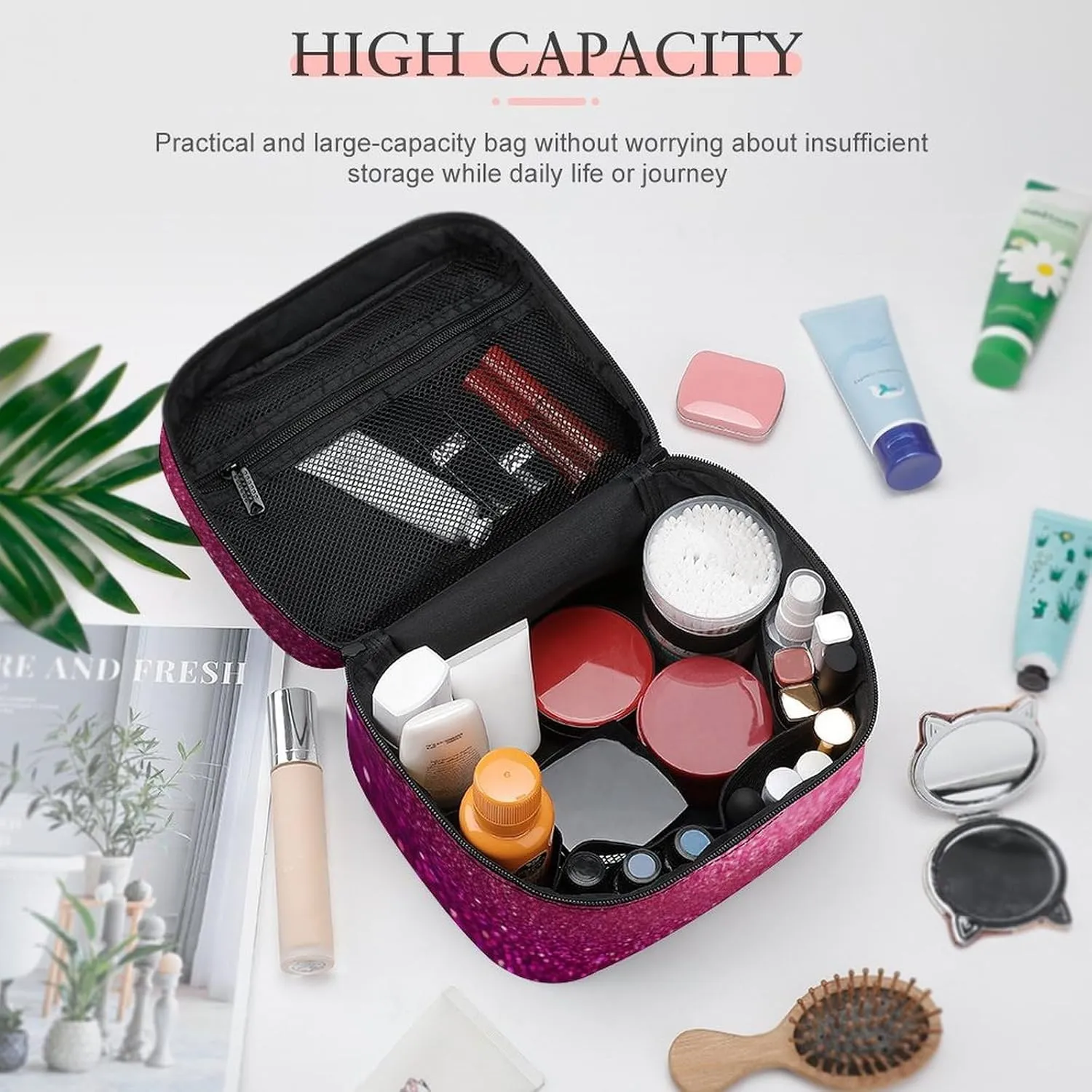 Portable Makeup Bag with Zipper Pouch, Pink Glitter Pattern Cosmetic Case Large Capacity Travel Makeup Case Organizer Toiletry Brushes Storage Bag