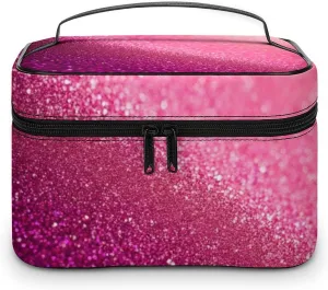 Portable Makeup Bag with Zipper Pouch, Pink Glitter Pattern Cosmetic Case Large Capacity Travel Makeup Case Organizer Toiletry Brushes Storage Bag