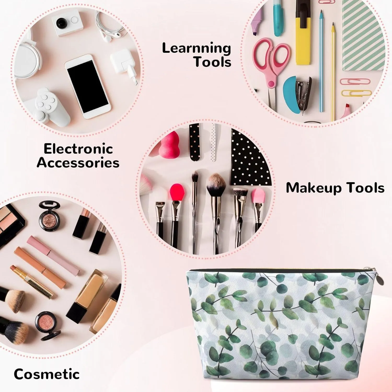 Portable Makeup Bag Zipper Pouch Travel Make up Organizer Bag Toiletry bag Water-resistant Aesthetic PVC Leather Cosmetic Bags for Women and Girls with Eucalyptus Leaf