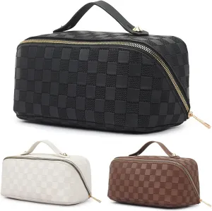 Portable Makeup Bags Large Capacity Travel Cosmetic Bag for Women Waterproof PU Leather Checkered Makeup, Organizer Makeup Brushes Storage Bag with Dividers and Handle (Black)