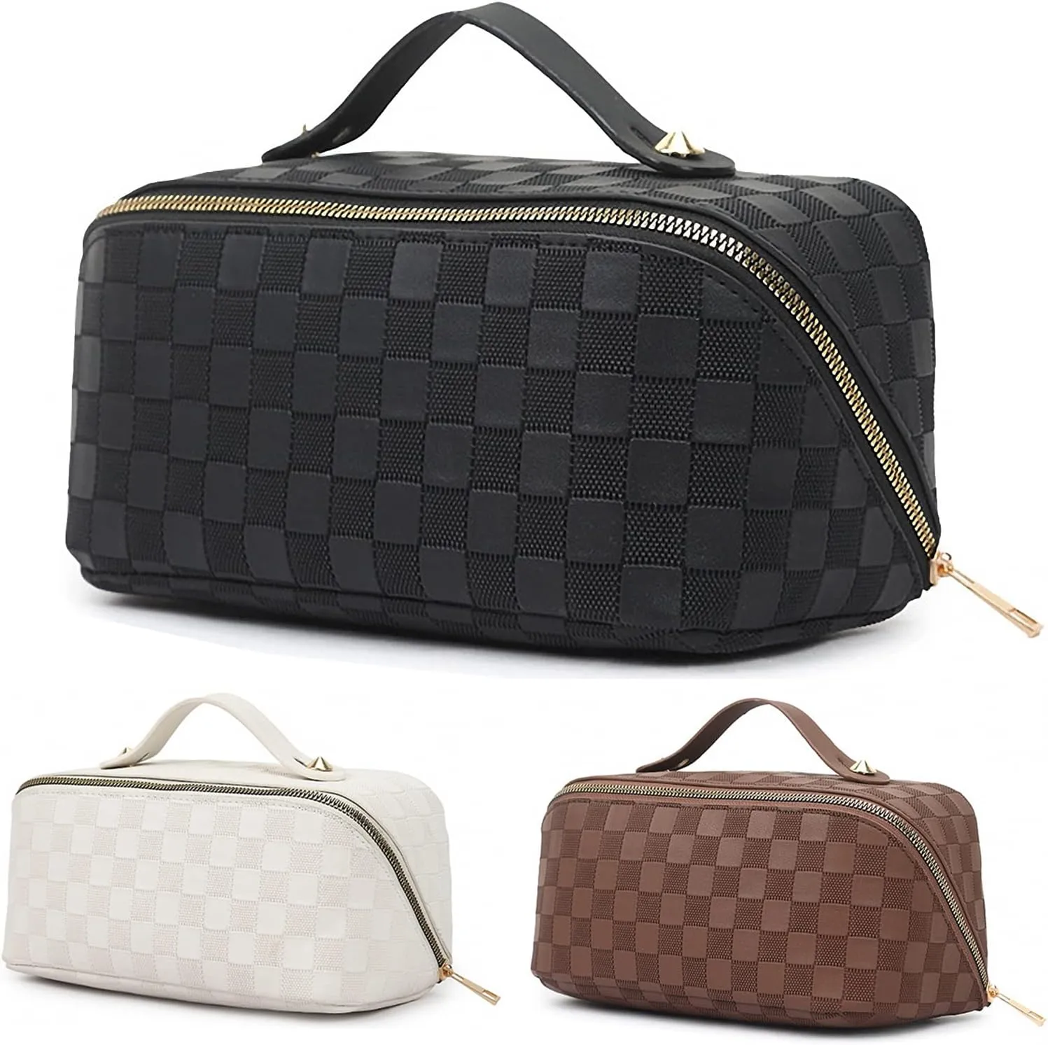 Portable Makeup Bags Large Capacity Travel Cosmetic Bag for Women Waterproof PU Leather Checkered Makeup, Organizer Makeup Brushes Storage Bag with Dividers and Handle (Black)