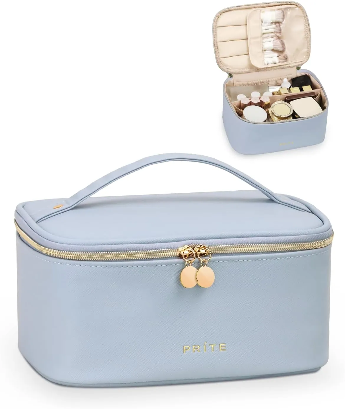 Prite Makeup Bag, Large Capacity Portable Travel Cosmetic Bag, Waterproof Makeup Organizer for Women with Handle and Divider(Blue)