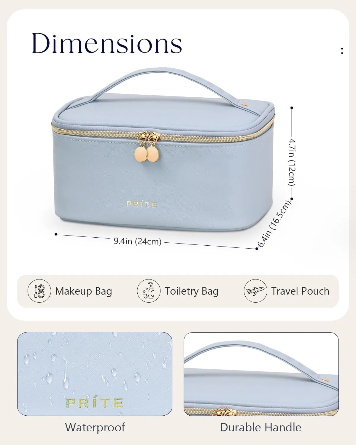Prite Makeup Bag, Large Capacity Portable Travel Cosmetic Bag, Waterproof Makeup Organizer for Women with Handle and Divider(Blue)