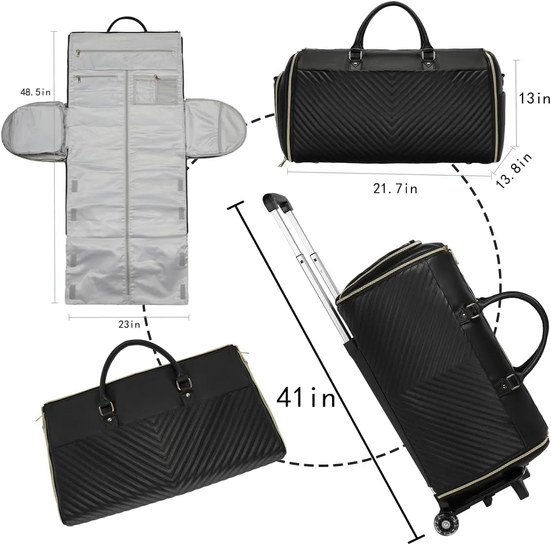 Pro Rolling Garment Bag - Detachable Handle & Extended Base, Waterproof PVC Leather with Shoe/Cosmetic Pockets, Silent Wheels for Air Travel/Weddings (48.5" Hanging System（Black）
