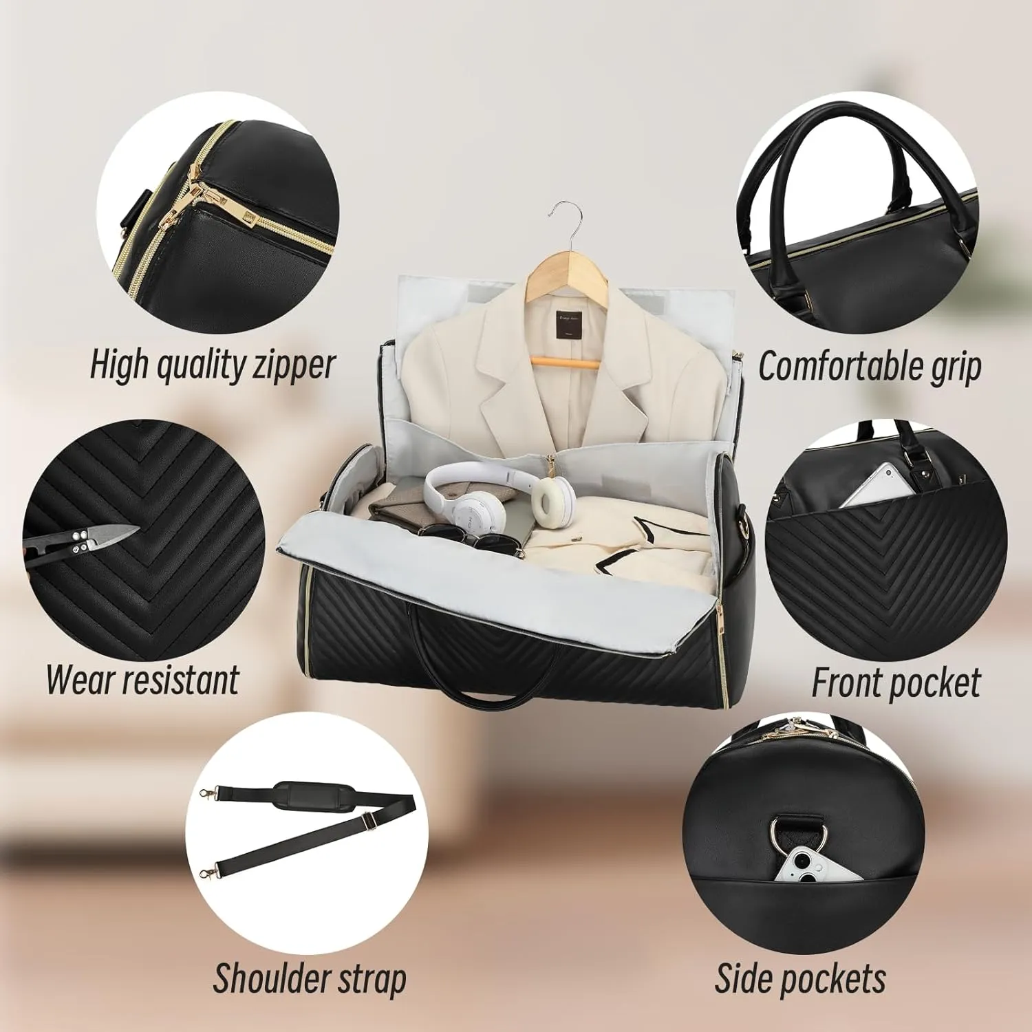 Pro Rolling Garment Bag - Detachable Handle & Extended Base, Waterproof PVC Leather with Shoe/Cosmetic Pockets, Silent Wheels for Air Travel/Weddings (48.5" Hanging System（Black）
