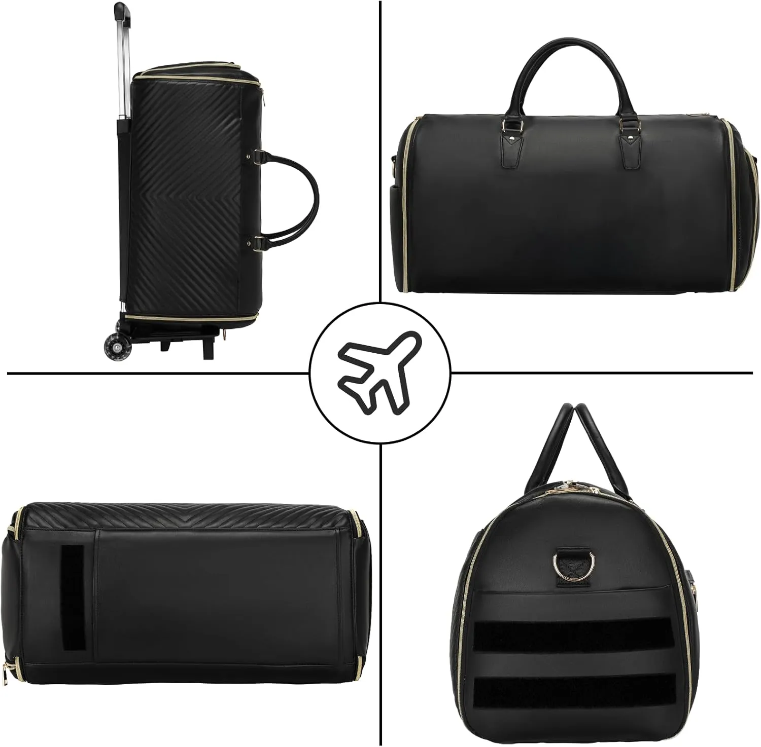 Pro Rolling Garment Bag - Detachable Handle & Extended Base, Waterproof PVC Leather with Shoe/Cosmetic Pockets, Silent Wheels for Air Travel/Weddings (48.5" Hanging System（Black）