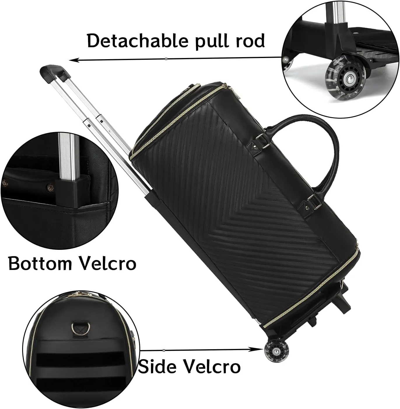 Pro Rolling Garment Bag - Detachable Handle & Extended Base, Waterproof PVC Leather with Shoe/Cosmetic Pockets, Silent Wheels for Air Travel/Weddings (48.5" Hanging System（Black）