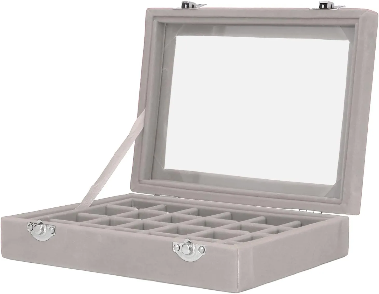 Pssopp 24 Grids Small Velvet Jewelry Box Organizer, Compact Organization, Elegant Design, Clear Display, Versatile Storage with 24 Compartments for Earrings, Necklaces, Bracelets, (Gray)