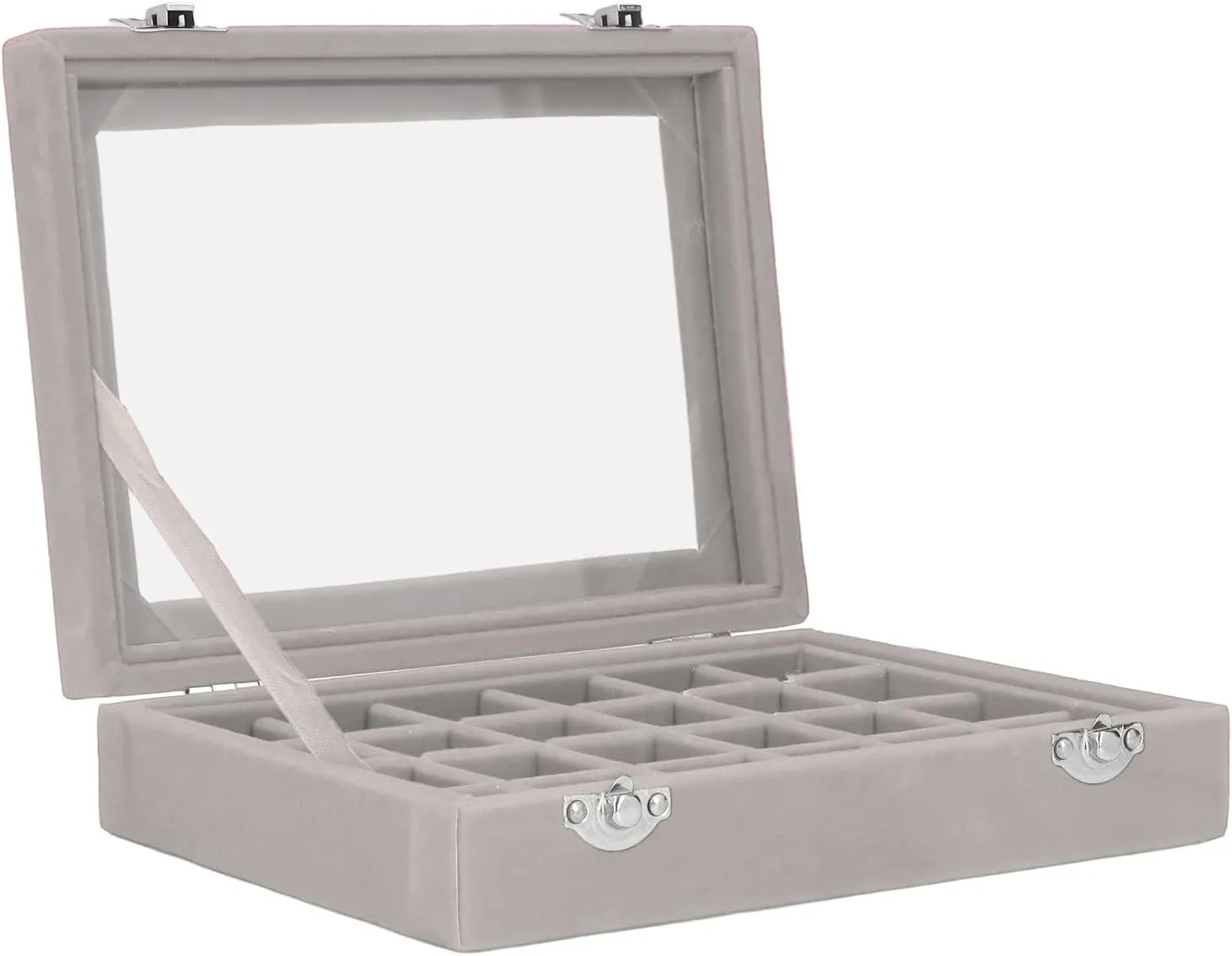 Pssopp 24 Grids Small Velvet Jewelry Box Organizer, Compact Organization, Elegant Design, Clear Display, Versatile Storage with 24 Compartments for Earrings, Necklaces, Bracelets, (Gray)