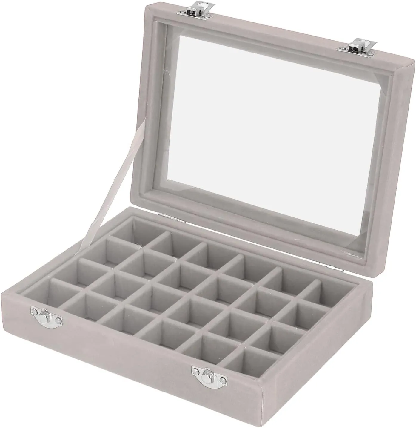 Pssopp 24 Grids Small Velvet Jewelry Box Organizer, Compact Organization, Elegant Design, Clear Display, Versatile Storage with 24 Compartments for Earrings, Necklaces, Bracelets, (Gray)