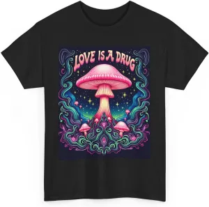 Psychedelic Mushroom Love is A Drug Unisex Tee, Trippy Graphic Tee, Neon Psychedelic Shirt, Mushroom Lover Gift, Cosmic Tee
