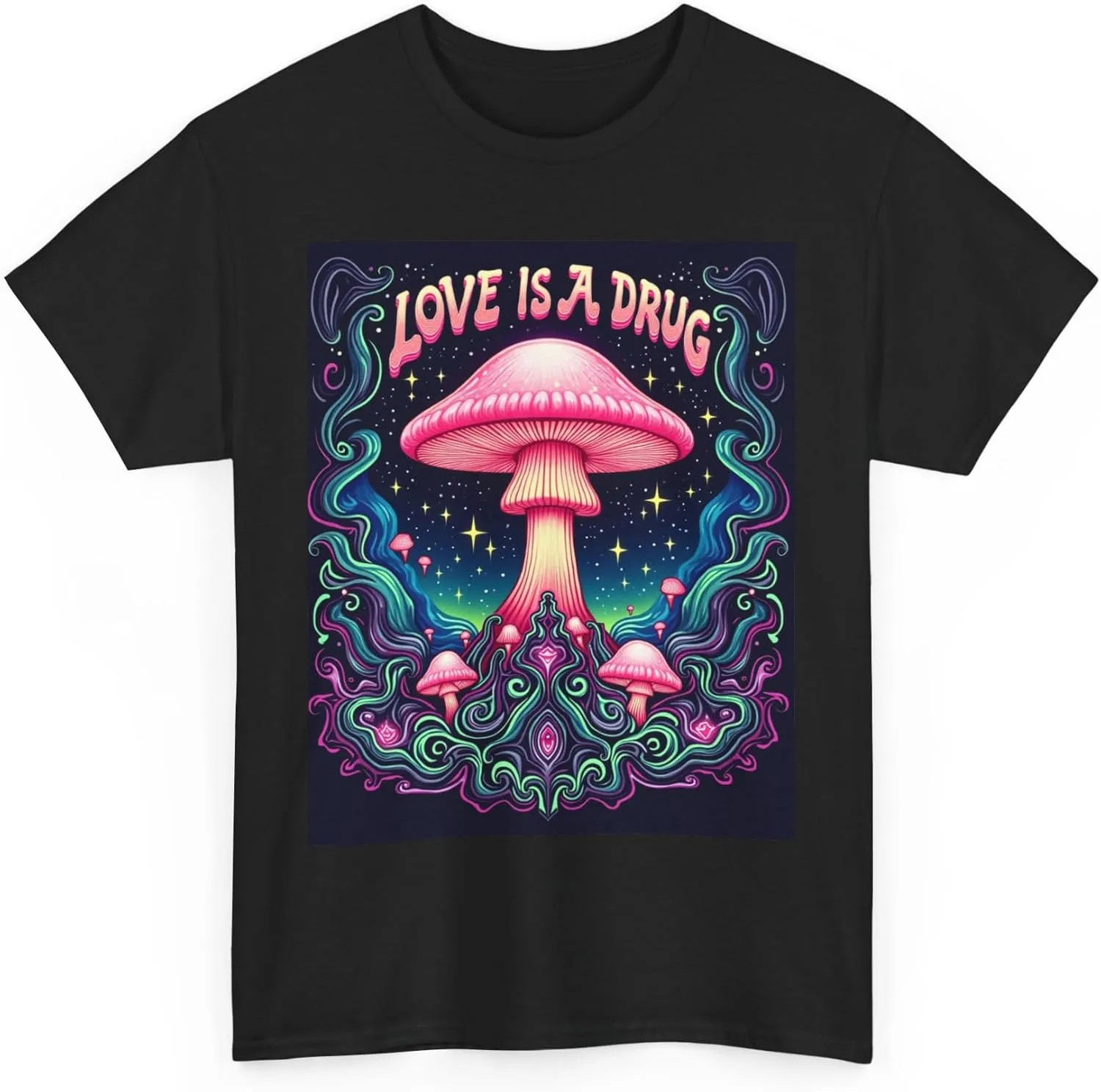 Psychedelic Mushroom Love is A Drug Unisex Tee, Trippy Graphic Tee, Neon Psychedelic Shirt, Mushroom Lover Gift, Cosmic Tee