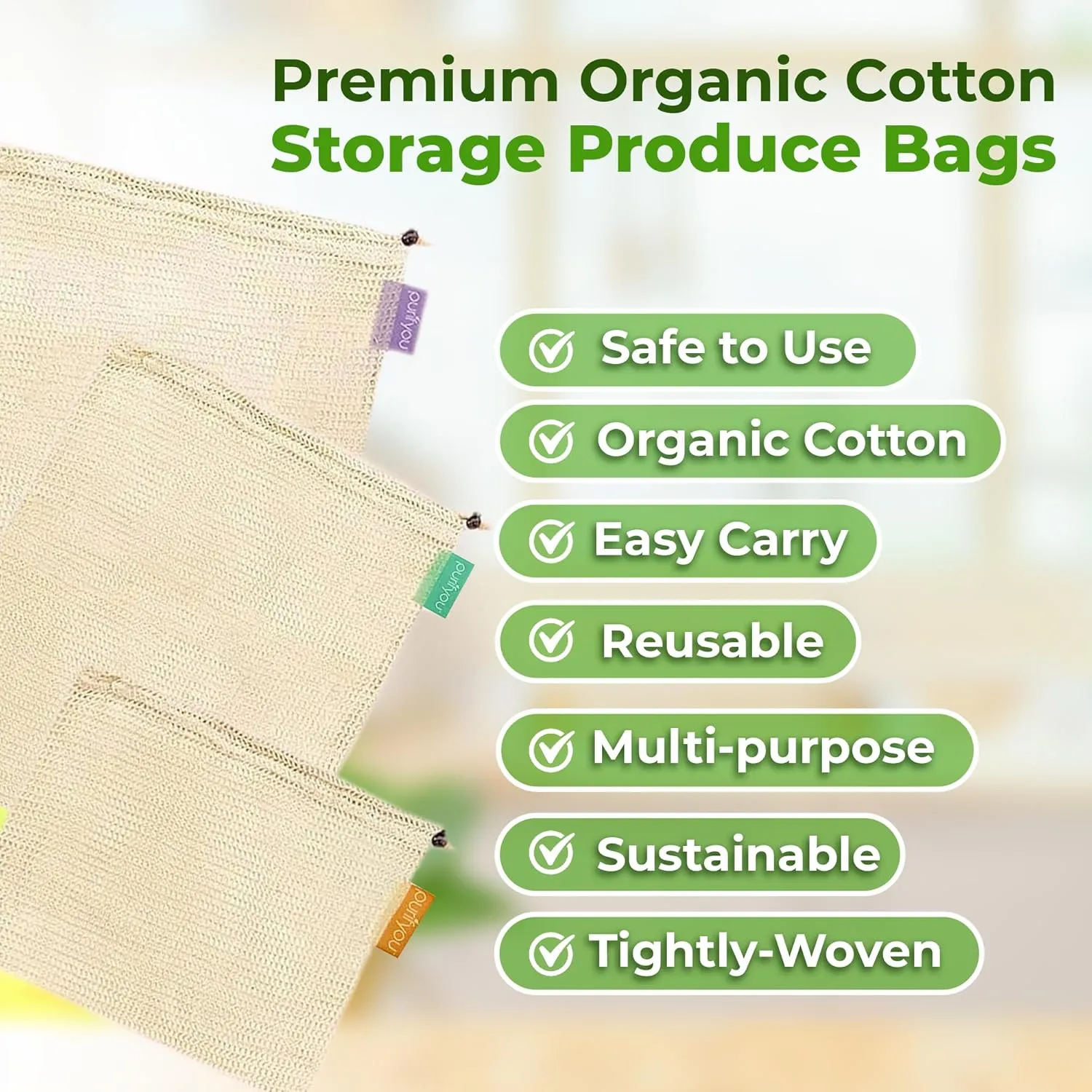 purifyou Set of 9 Reusable Organic Cotton Produce Bags – Heavy Duty Double-Stitched Mesh, Unbleached, Drawstring Closure – 2 XL (12x20"), 5 L (12x14"), 2 S (12x8")