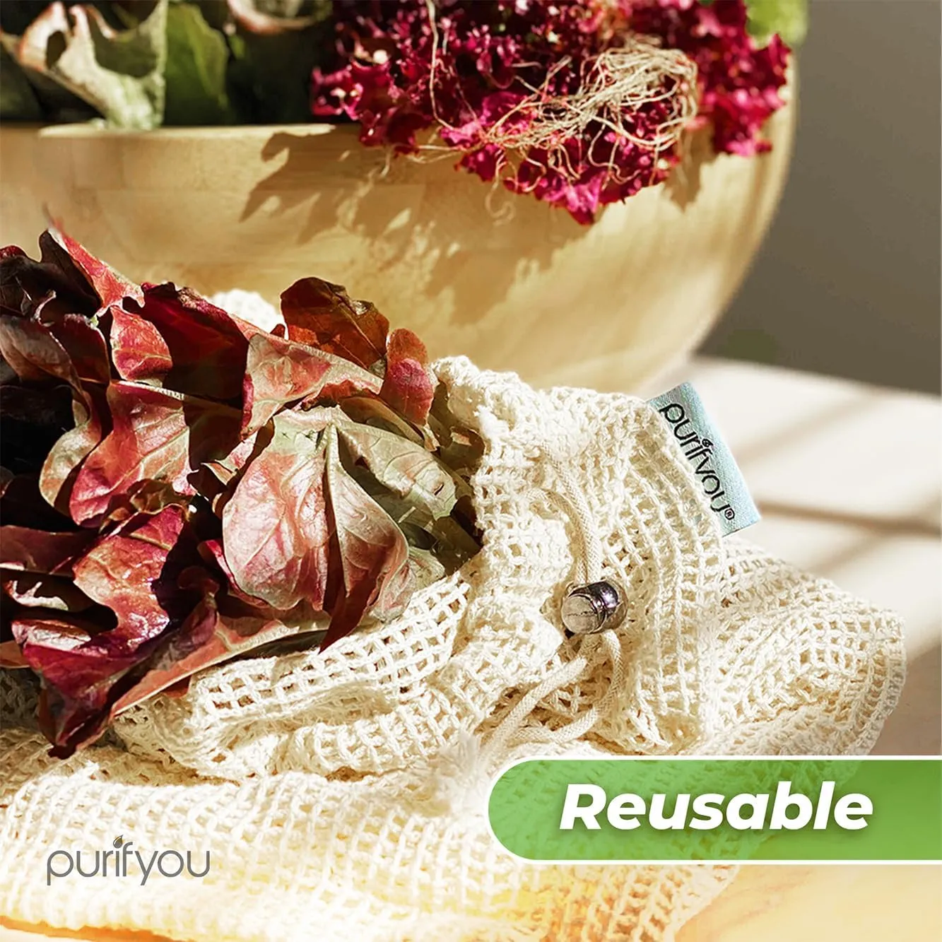 purifyou Set of 9 Reusable Organic Cotton Produce Bags – Heavy Duty Double-Stitched Mesh, Unbleached, Drawstring Closure – 2 XL (12x20"), 5 L (12x14"), 2 S (12x8")