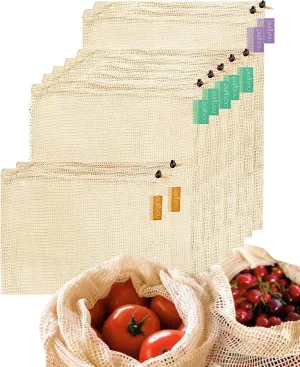 purifyou Set of 9 Reusable Organic Cotton Produce Bags – Heavy Duty Double-Stitched Mesh, Unbleached, Drawstring Closure – 2 XL (12x20"), 5 L (12x14"), 2 S (12x8")