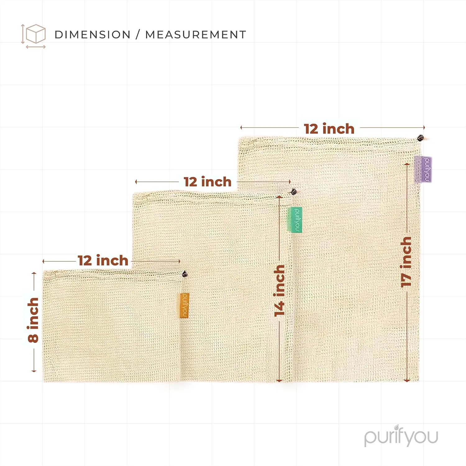 purifyou Set of 9 Reusable Organic Cotton Produce Bags – Heavy Duty Double-Stitched Mesh, Unbleached, Drawstring Closure – 2 XL (12x20"), 5 L (12x14"), 2 S (12x8")