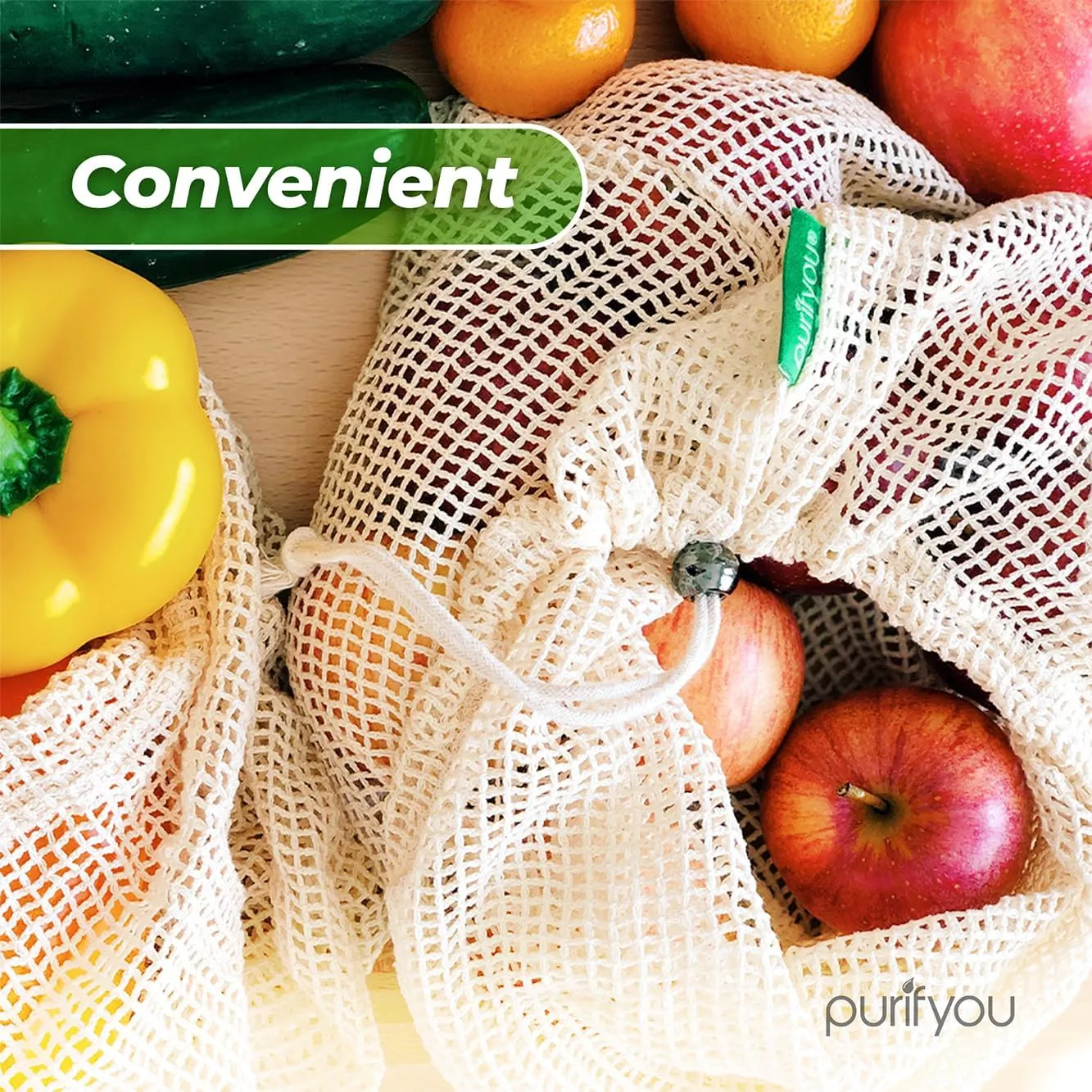 purifyou Set of 9 Reusable Organic Cotton Produce Bags – Heavy Duty Double-Stitched Mesh, Unbleached, Drawstring Closure – 2 XL (12x20"), 5 L (12x14"), 2 S (12x8")