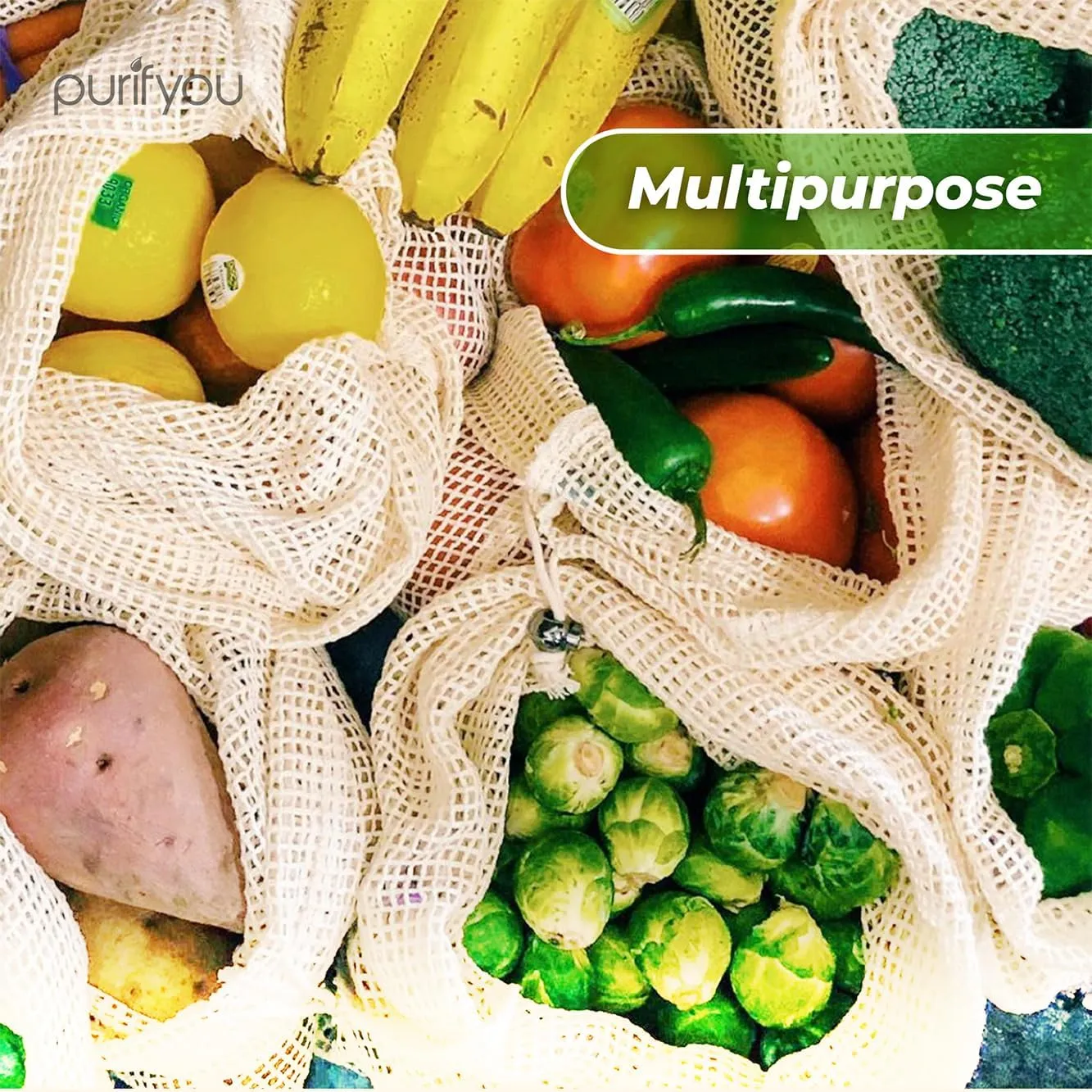 purifyou Set of 9 Reusable Organic Cotton Produce Bags – Heavy Duty Double-Stitched Mesh, Unbleached, Drawstring Closure – 2 XL (12x20"), 5 L (12x14"), 2 S (12x8")