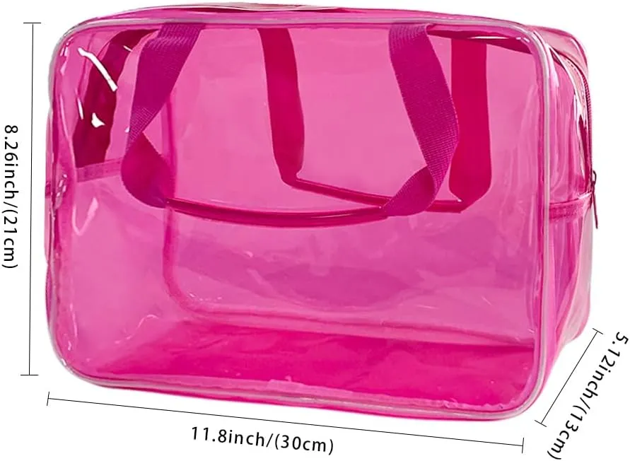 PVC Clear Pure Color Transparent Large Zipper Cosmetic Pouch Travel Makeup Cosmetic Bag with Handle for Travel Bathroom Toiletry Organizer (Hot Pink)