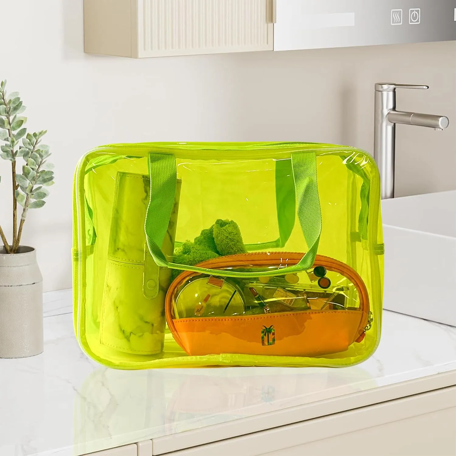 PVC Clear Pure Color Transparent Large Zipper Cosmetic Pouch Travel Makeup Cosmetic Bag with Handle for Travel Bathroom Toiletry Organizer (Hot Pink)