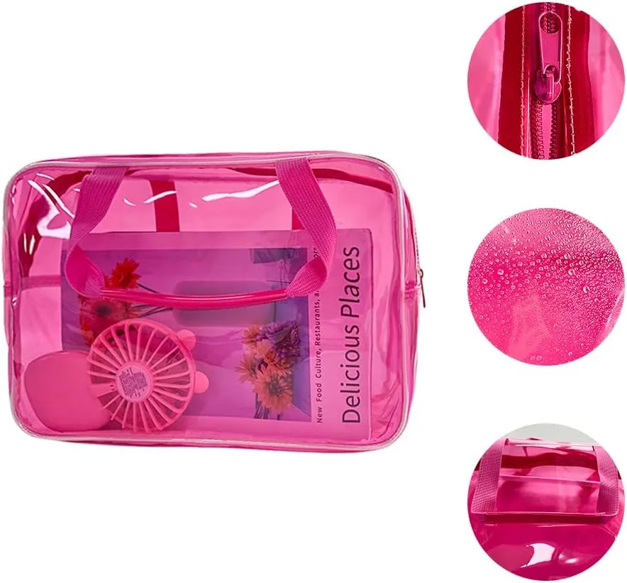PVC Clear Pure Color Transparent Large Zipper Cosmetic Pouch Travel Makeup Cosmetic Bag with Handle for Travel Bathroom Toiletry Organizer (Hot Pink)