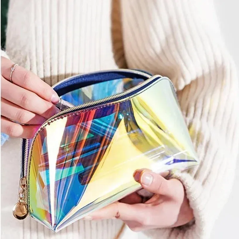 PVC Waterproof Transparent Cosmetic Bag Toiletry Makeup Bag Organizer Female Girls Laser Color Zipper Wash Make Up Beauty Case