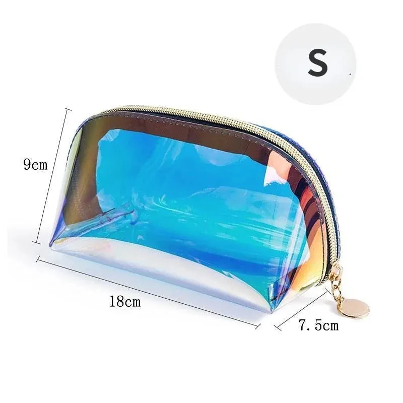 PVC Waterproof Transparent Cosmetic Bag Toiletry Makeup Bag Organizer Female Girls Laser Color Zipper Wash Make Up Beauty Case