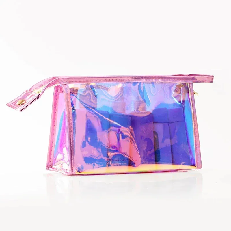 PVC Waterproof Transparent Cosmetic Bag Toiletry Makeup Bag Organizer Female Girls Laser Color Zipper Wash Make Up Beauty Case