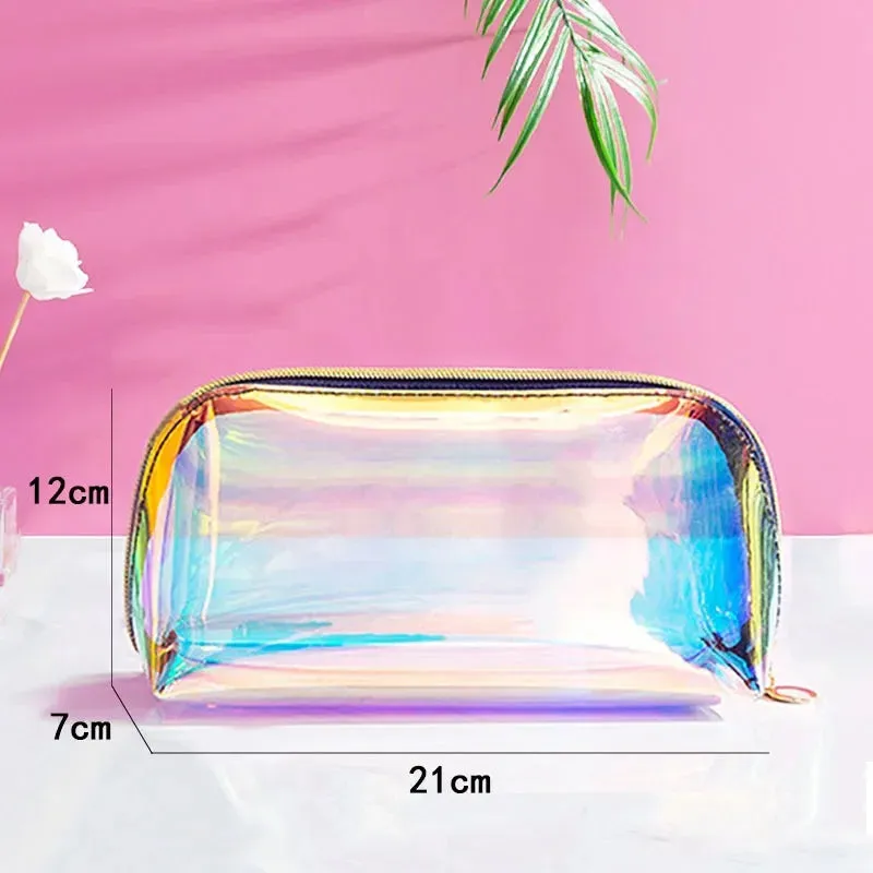 PVC Waterproof Transparent Cosmetic Bag Toiletry Makeup Bag Organizer Female Girls Laser Color Zipper Wash Make Up Beauty Case
