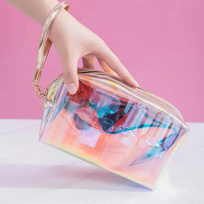 PVC Waterproof Transparent Cosmetic Bag Toiletry Makeup Bag Organizer Female Girls Laser Color Zipper Wash Make Up Beauty Case