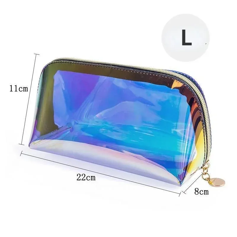 PVC Waterproof Transparent Cosmetic Bag Toiletry Makeup Bag Organizer Female Girls Laser Color Zipper Wash Make Up Beauty Case