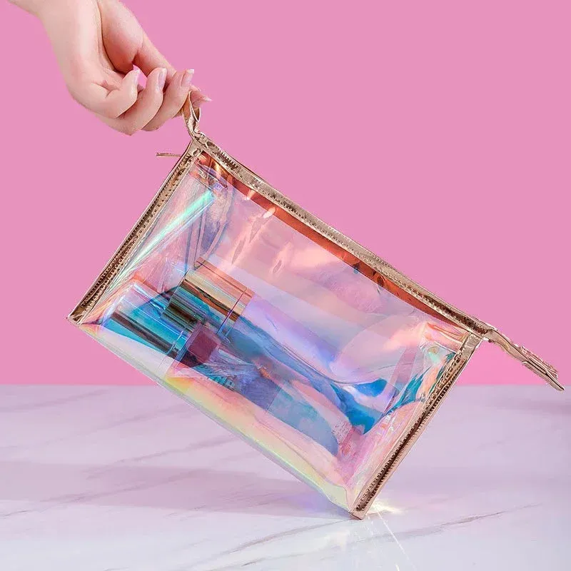 PVC Waterproof Transparent Cosmetic Bag Toiletry Makeup Bag Organizer Female Girls Laser Color Zipper Wash Make Up Beauty Case