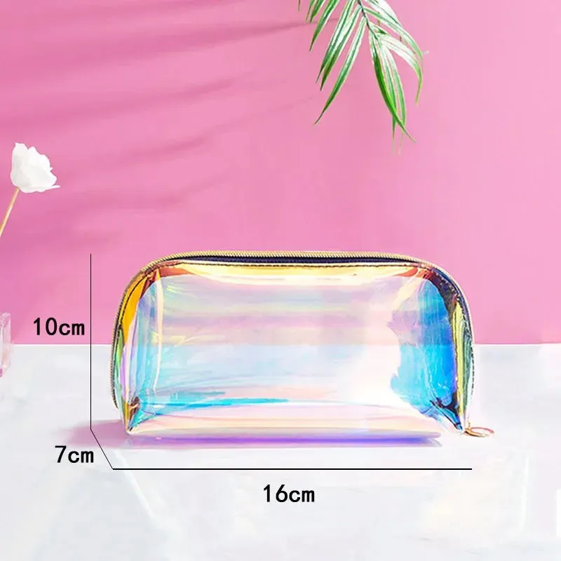 PVC Waterproof Transparent Cosmetic Bag Toiletry Makeup Bag Organizer Female Girls Laser Color Zipper Wash Make Up Beauty Case