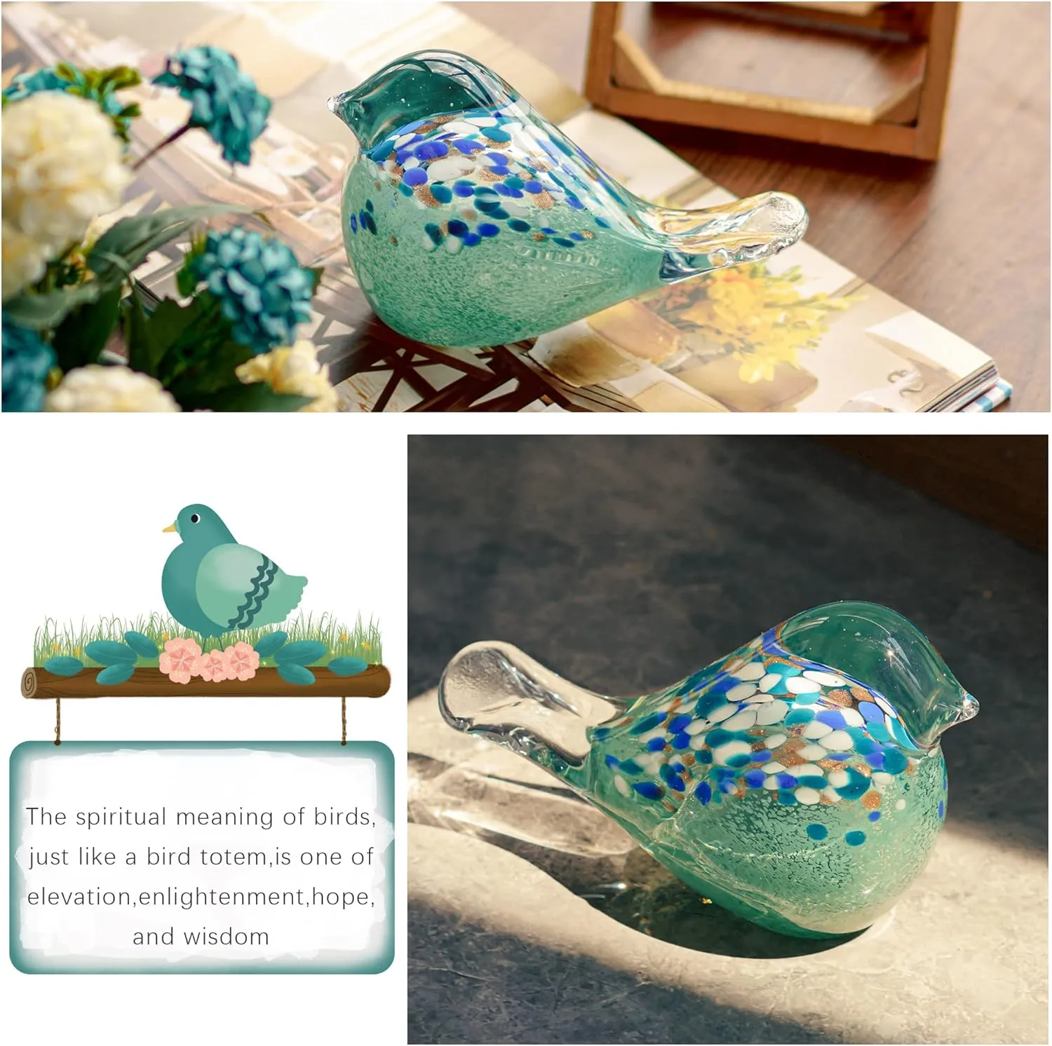 QFkris Big Handmade Glass Bird Figurines Blown Glass Bird Paper Weight Collectibles Art Animal Sculpture Home Table Ornament Decor