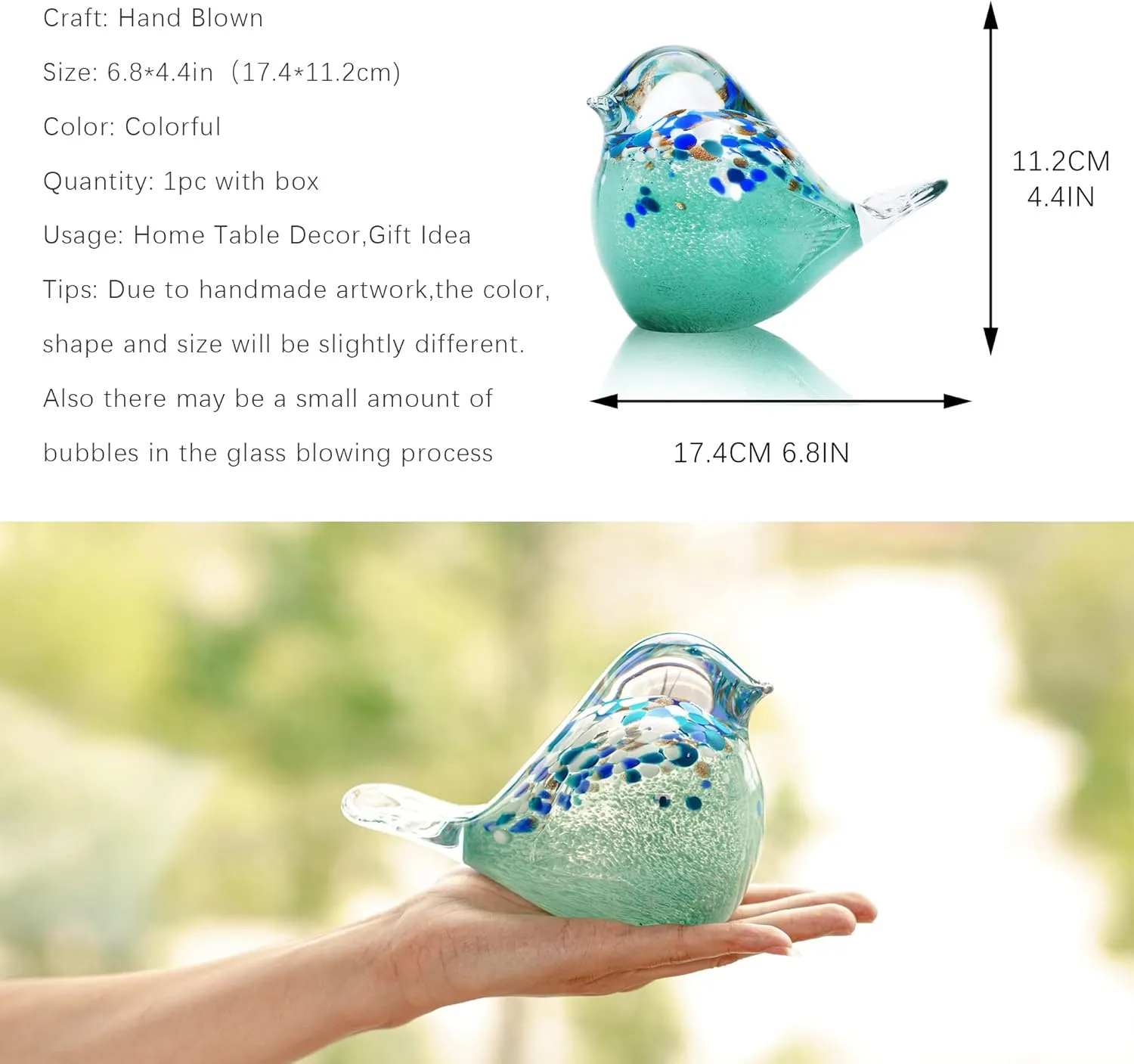 QFkris Big Handmade Glass Bird Figurines Blown Glass Bird Paper Weight Collectibles Art Animal Sculpture Home Table Ornament Decor
