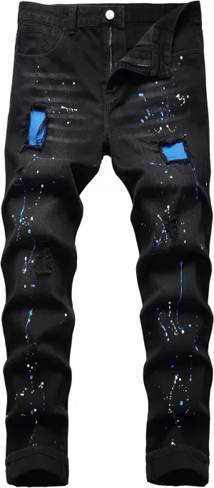 QIMYUM Mens Ripped Jeans, Distressed Destroyed Slim Fit Straight Leg Denim Pants