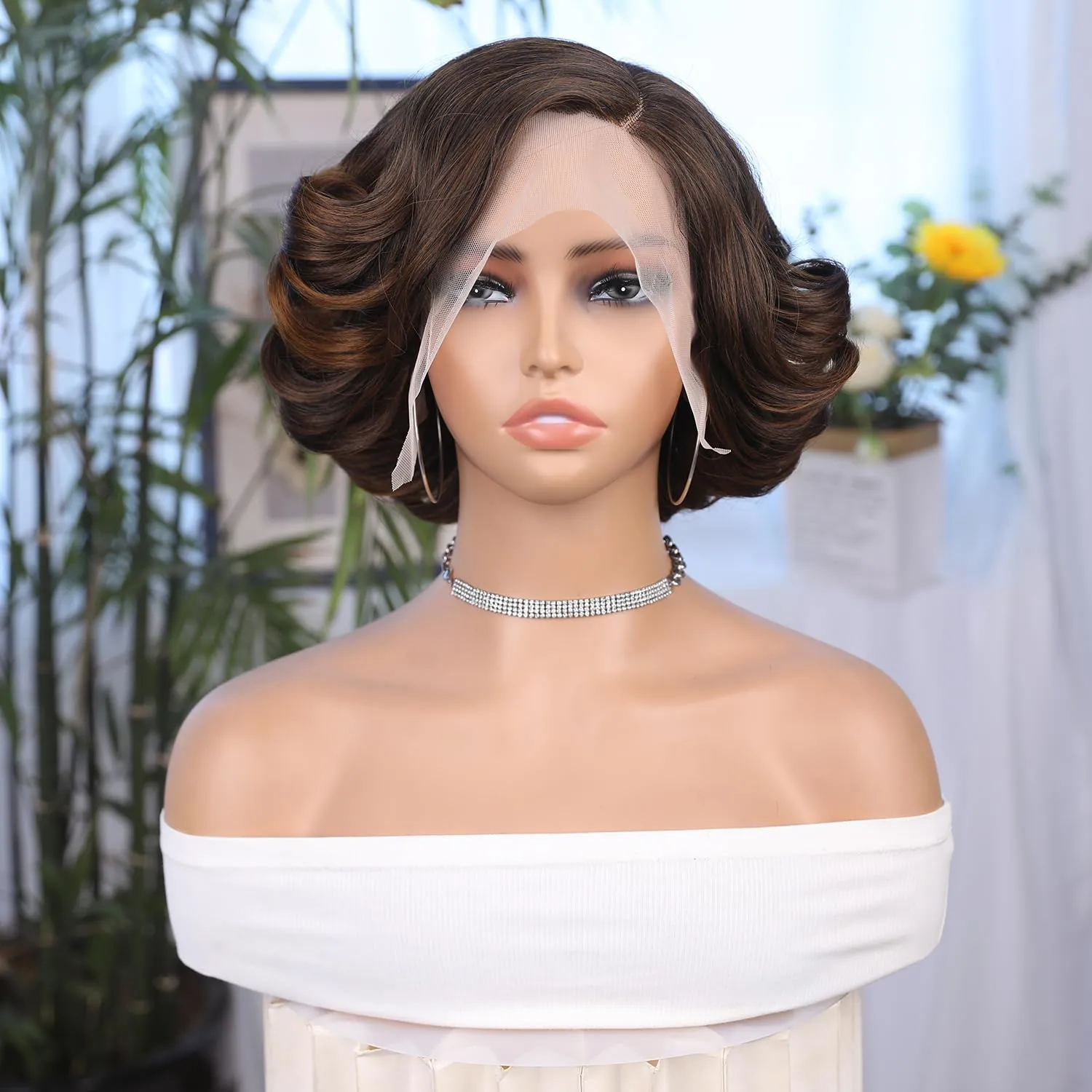 Quantum Love Lace Front Curly Wigs Short Curly Bob Wigs Loose Wave Side Part Mix Brown Wig for Black Women Short Body Wave Bob Synthetic Wig
