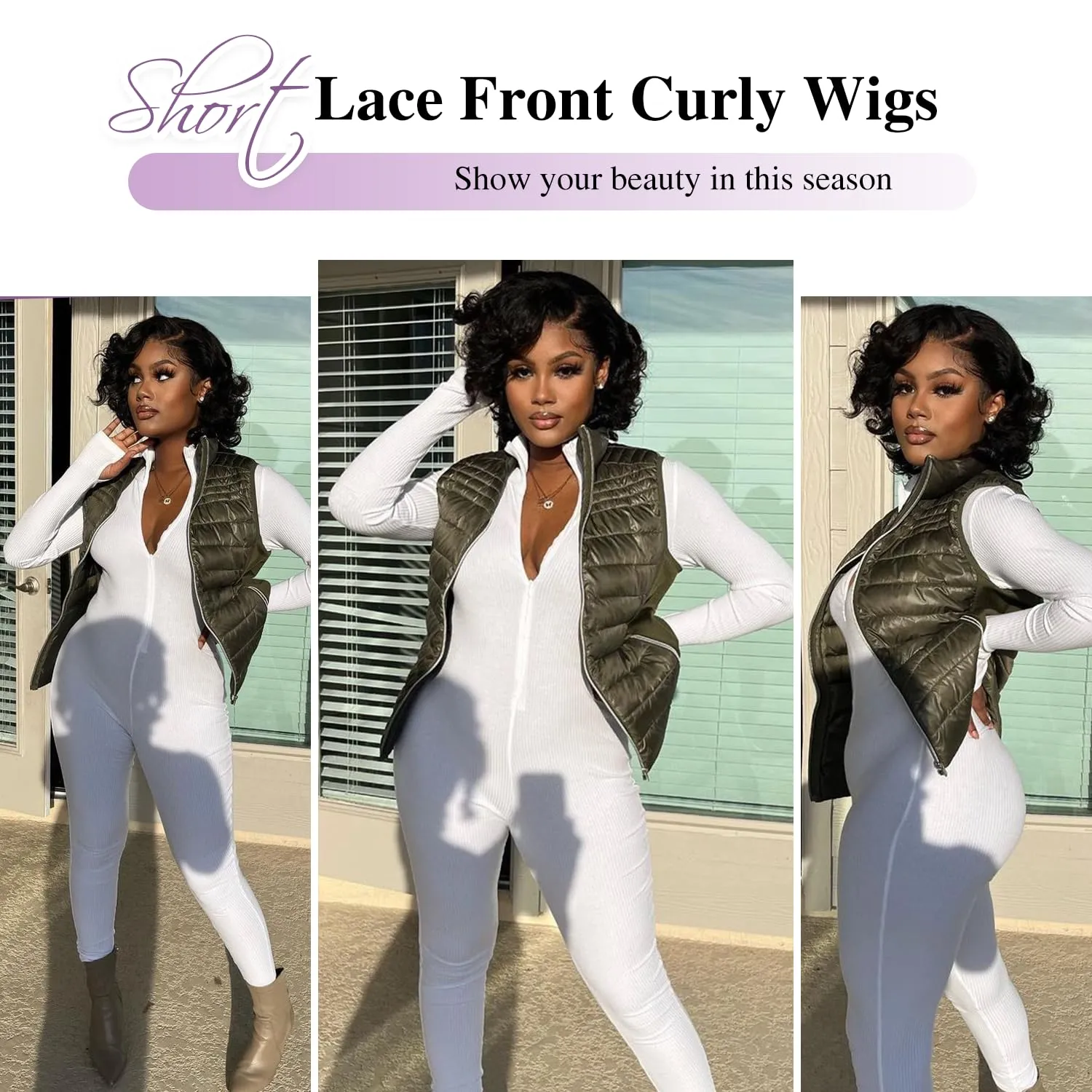 Quantum Love Lace Front Curly Wigs Short Curly Bob Wigs Loose Wave Side Part Wig for Black Women Short Body Wave Bob Synthetic Wig