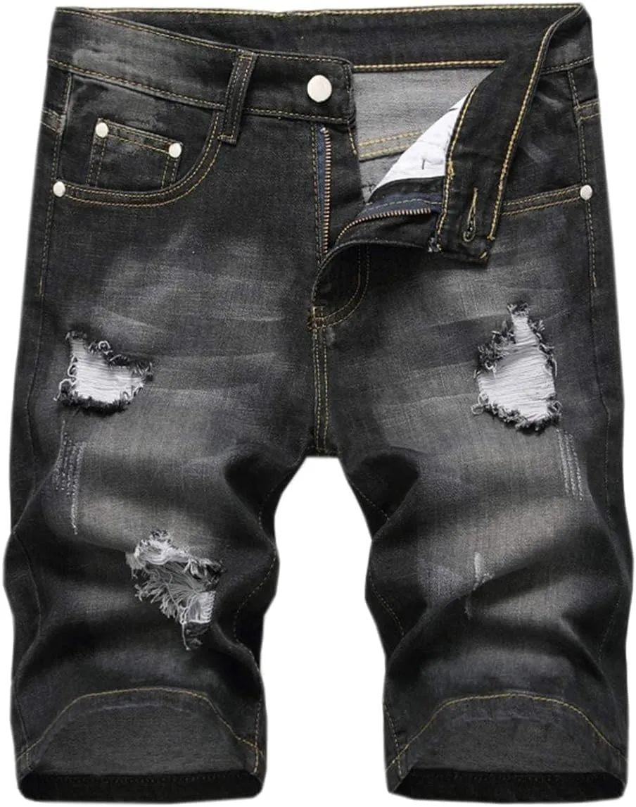 QZH.DUAO Men's Ripped Denim Shorts & Jeans Summer Casual Classic Straight Distressed Ripped Short Jeans
